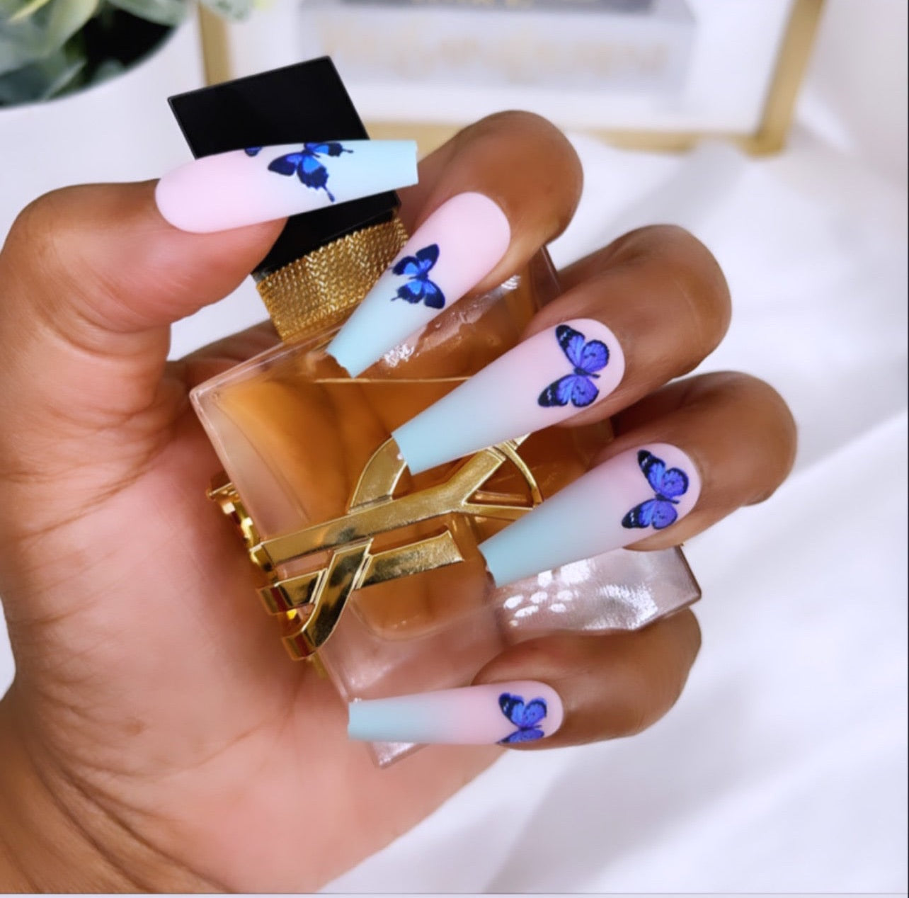 Baby Blue Butterfly Ombre False Nails