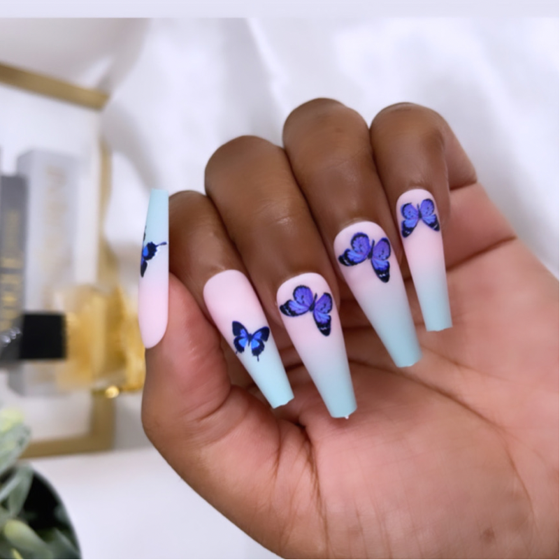 Baby Blue Butterfly Ombre False Nails